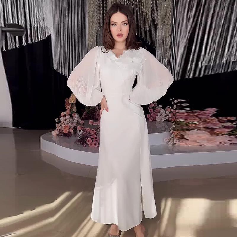 2024 Podzimní Lehké Zralé Jednobarevné Dlouhé Šaty s 3D Aplikací