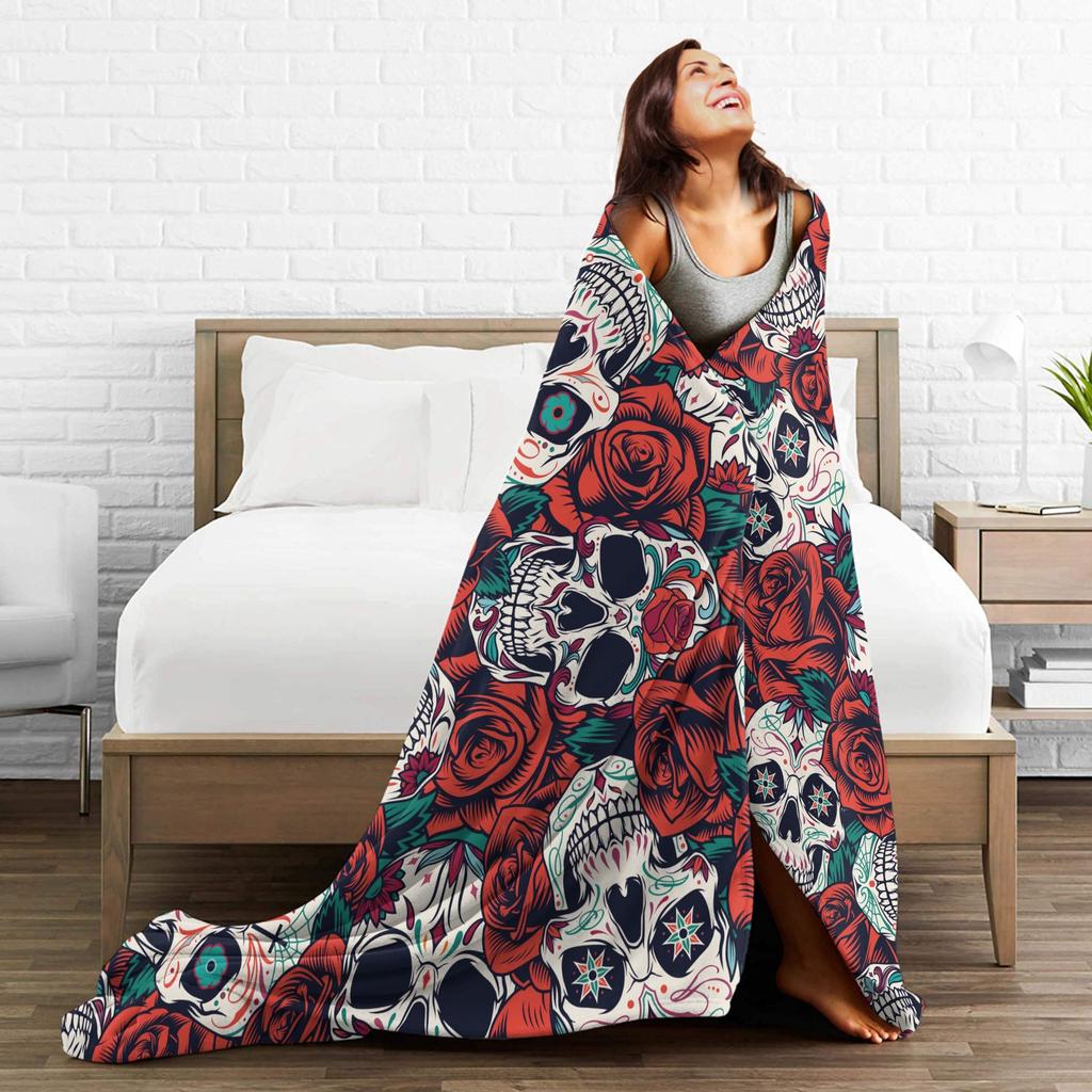 Vintage Floral Skull Fuzzy Blankets Roses Fashion Throw Blanket for Home Hotel Sofa  200x150cm Quilt