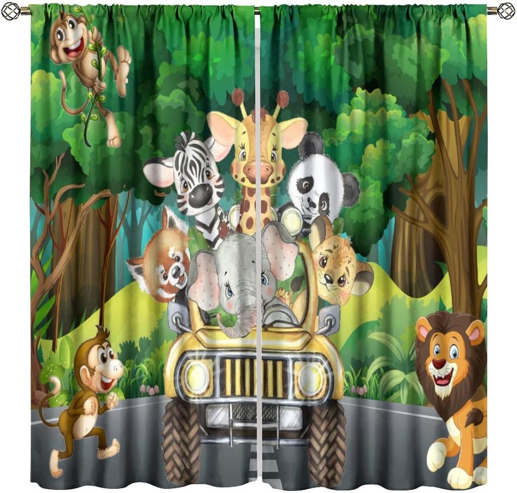 Kids Safari Animals Curtains Tropical Jungle Adventure African Lion Elephant Monkey Print Window Drapes Baby Curtain Polyester