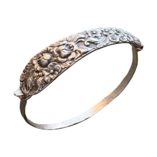 Handmade Sterling Spoon Bangle Floral Pattern Opening Bangle Boho Style Handle Cuff Jewelry Accessories