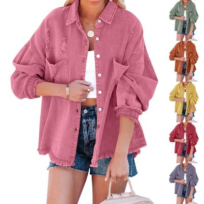 Women Loose Casual Denim Jacket Female Jacket Frayed Edges Trim  Long Sleeve  Coat With Pockets