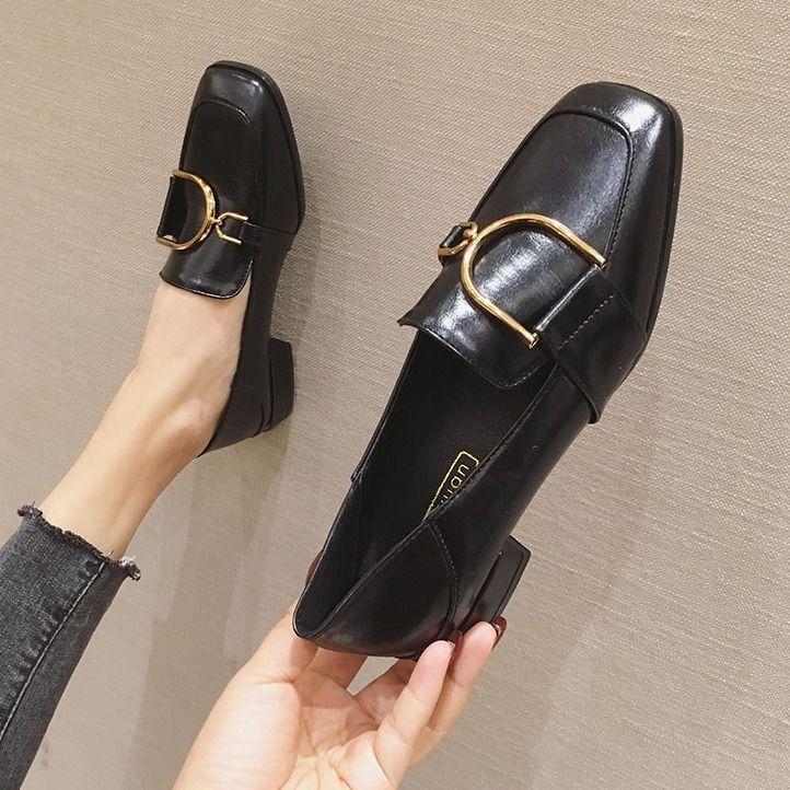 

Leather black small leather shoes women wear 2025 British style medium heel large size single shoes women s retro one-pedal loafers 34