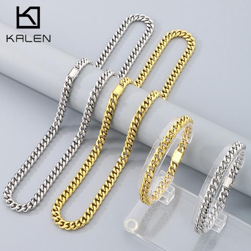 Kalen Shiny Cuban Chain Bracelet for Men Hip Hop Stainless Steel Jewelry Sets Gold Color Thick Necklace 8MM Trendy Accessories