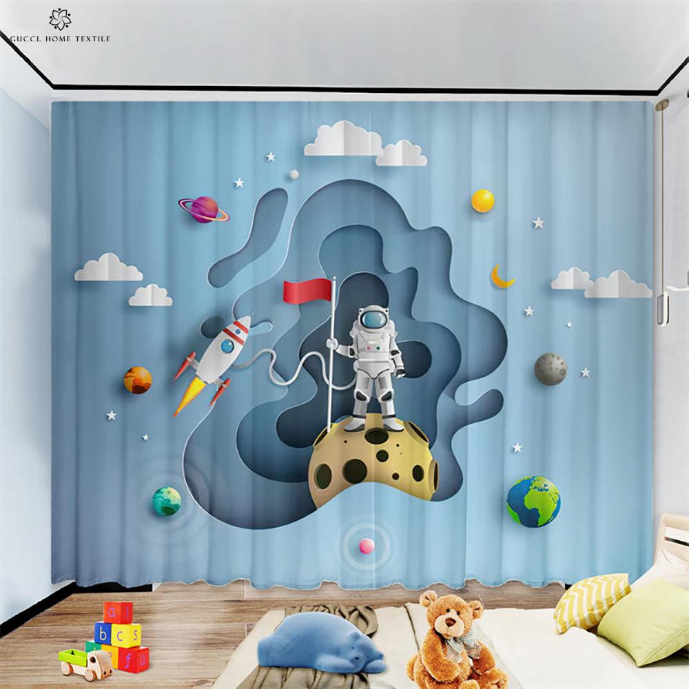 Animated Cartoon Astronaut and Space Drapes for Kids Bedroom Window Decoration Semi Blackout Curtains Home Decoration