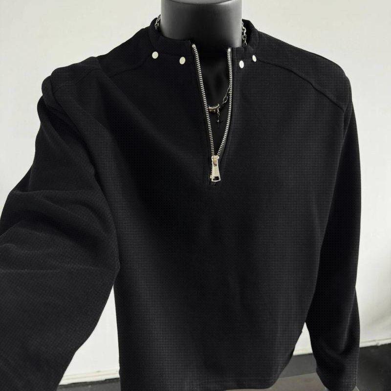 Men s Spring & Autumn Half-Zip Waffle Knit Rivet Hoodie - Long-Sleeve Cool Casual Jacket M