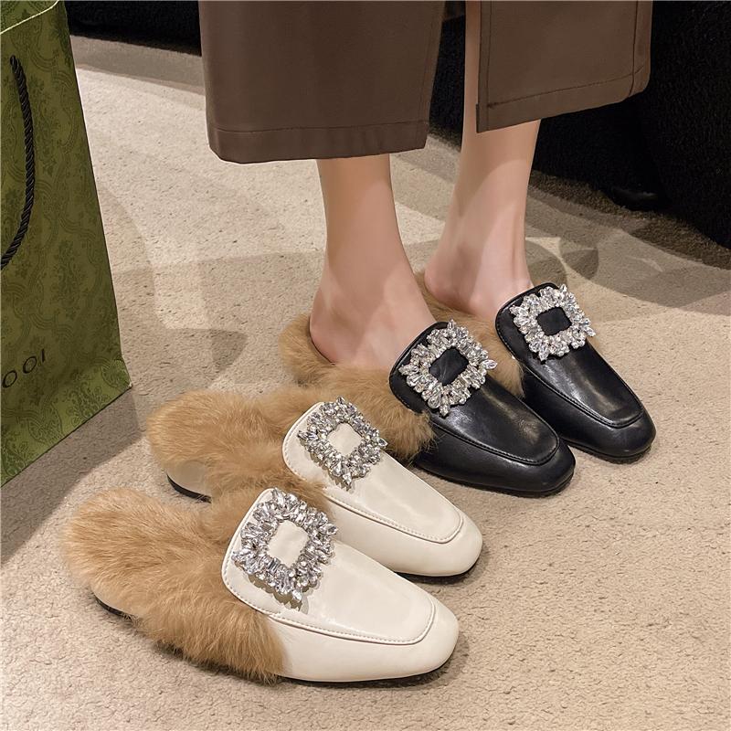 Fashion Aphixta Crystal Buckle Dec Warm Winter Real Rabbit Fur Plush Women Slippers Furry Mules Shoes Square Toe Square Heel Hair Slides
