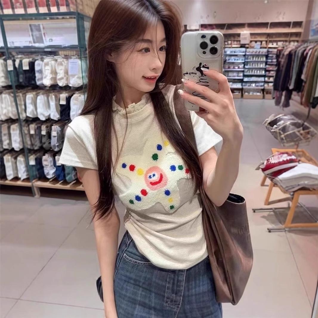 

3D Flocked Cartoon Slim-Fit Lace-Trimmed Women s Short Sleeve T-Shirt Slim Waist L