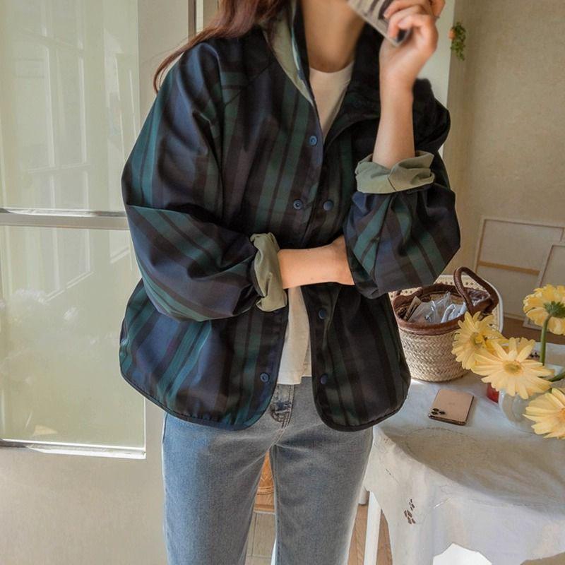 

Women s Versatile Reversible Plaid Short Jacket - Korean Style, Spring/Autumn 2026, Loose Fit, Small Size Trench Coat S (up to 52.5 kg) хаки