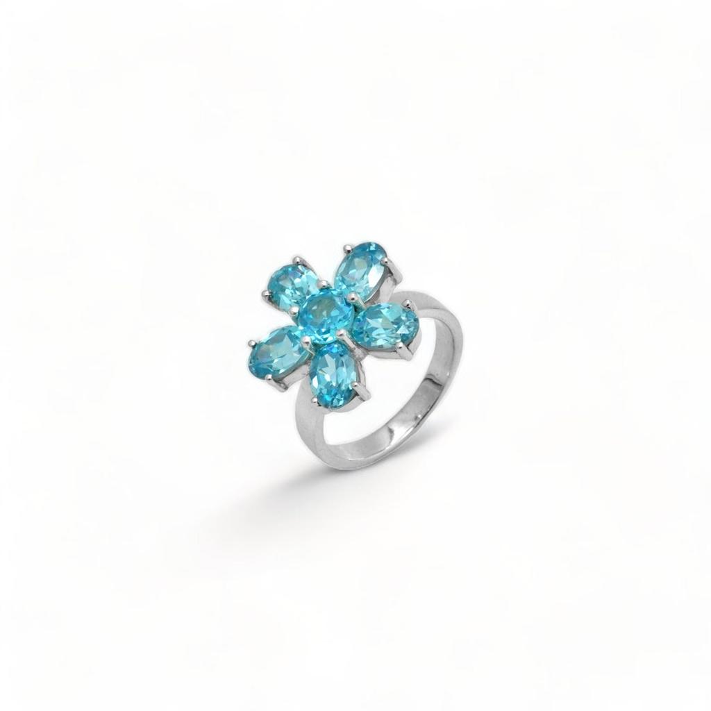 Swiss Blue Topaz Flower Ring: Sterling Silver Gemstone
