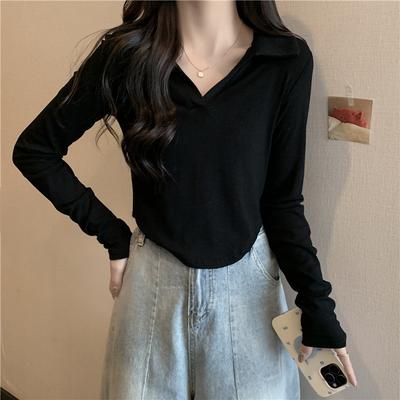 Real Shot Short Collar PO Shirt Long Sleeve T-shirt Women's Autumn and Winter Slim Fit Inner German Velvet Solid Color Bottoming Shirt Top