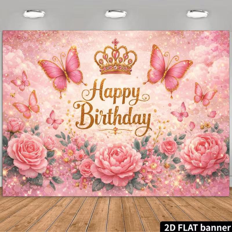 

2D Pink Gold Happy Birthday Backdrop - Butterfly & Crown Photography Background Banner for Girls Party 47.2x31.5inch/120*80cm