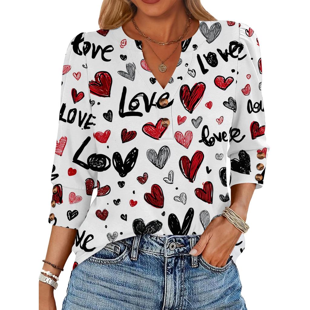 Women's Loose 7-inch Sleeve Top with Heart Print