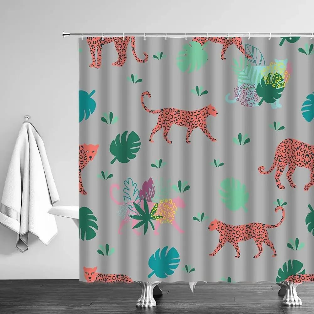 Leopard Shower Curtains Tropical Jungle Wildlife Cheetah Tiger Plant Green Palm Banana Leaves Monstera Watercolor Bathroom Decor