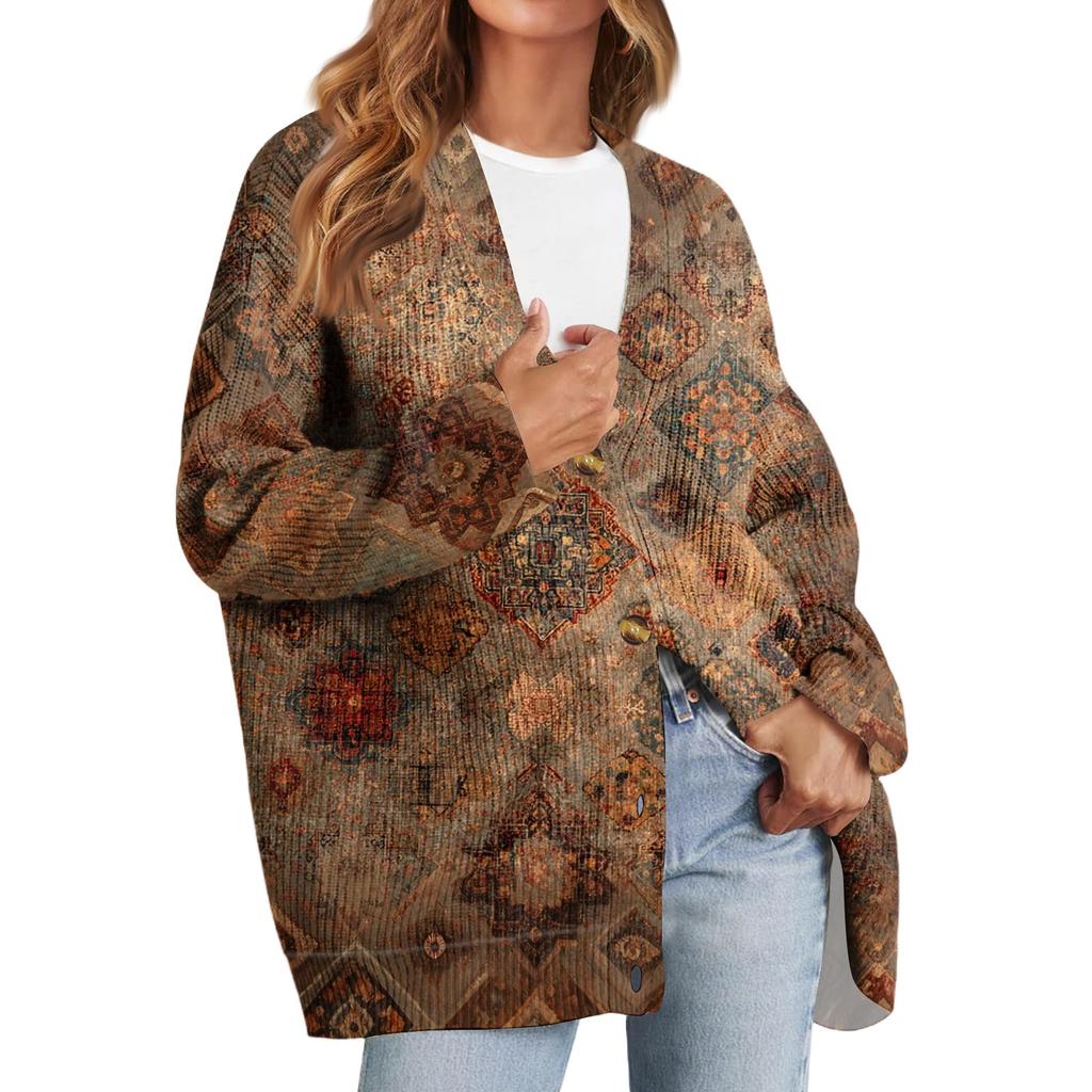 Women's Fashion Long Sleeve Print V-Neck Button Loose Cardigan Top