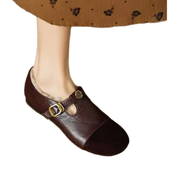 Camellia retro Mary Jane 2025 frosted new single shoes flat bottom shallow mouth versatile round head velvet warm leather shoes