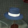Navy Blue Flat Top Straw Hat Women'S Summer Seaside Sunshade Sun Protection Leisure Beach Vacation Woven Hat Elegant
