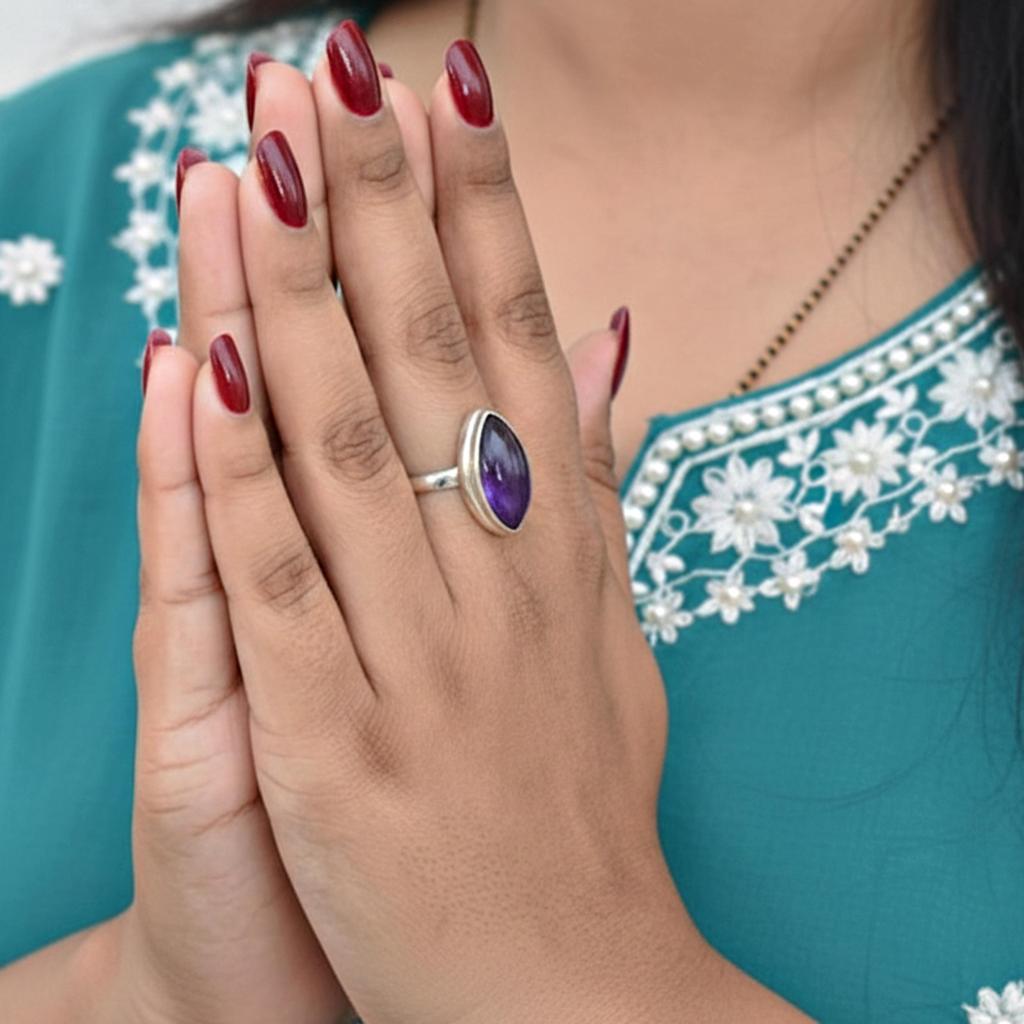 Purple Amethyst Marquise Statement Ring, 925 Sterling Silver, Minimalist Boho Ring for Women