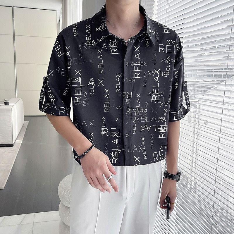 

Мужская одежда Рубашки с принтом букв Повседневные с отложным воротником Летние Новые с коротким рукавом Модные Однобортные Корейские Свободные Рубашки XXXL чёрный