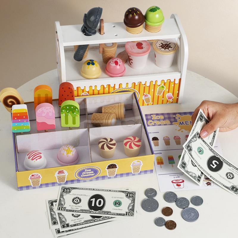 Wooden Ice Cream Cart Playhouse Toy for Early Learning