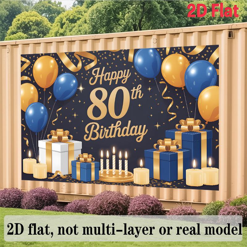 Party Backdrop 80Th Birthday Blue Elegant Flat Banners Golden Balloons Boxes Candles Photo Booth Decor Front Door Decor