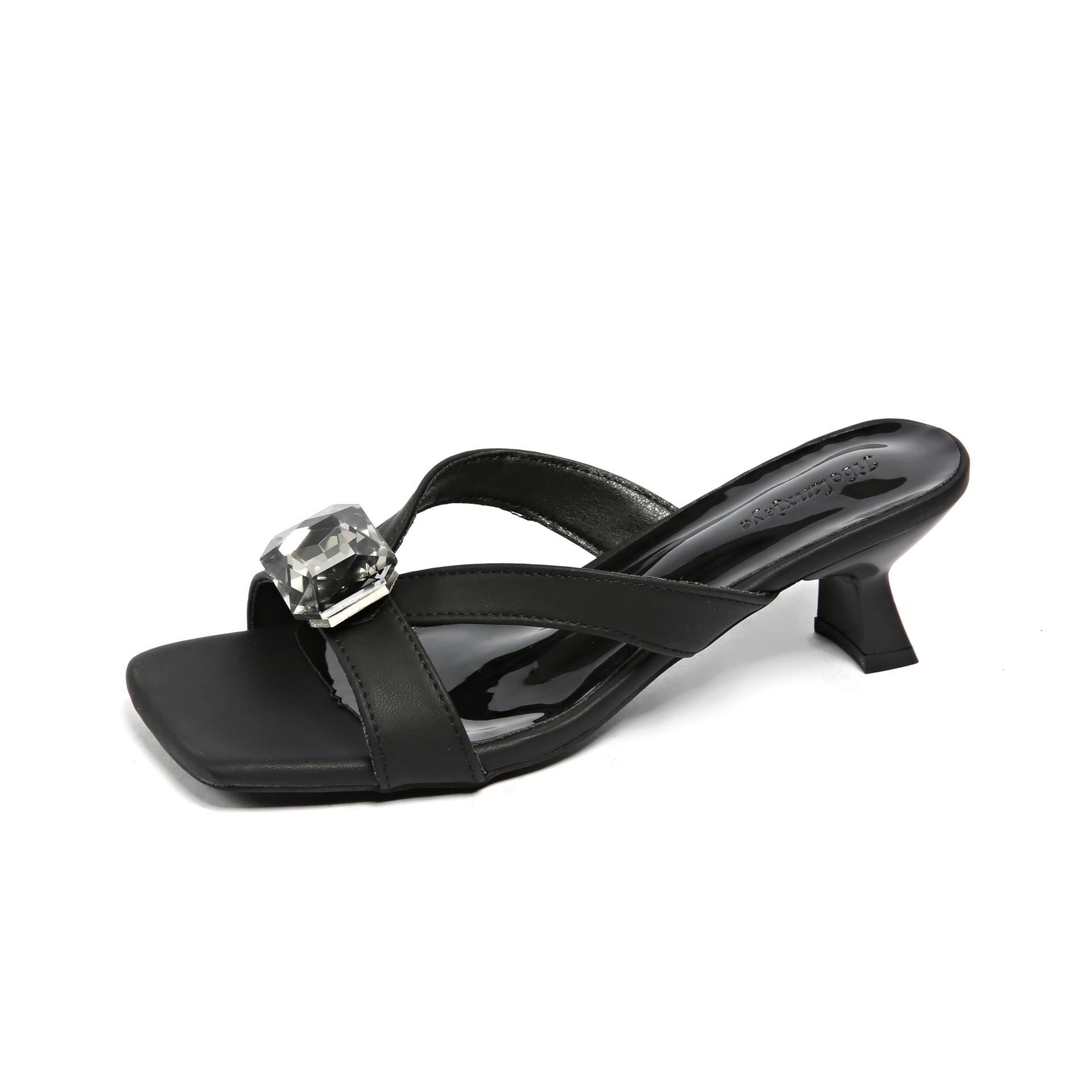 

Rhinestone silver square head high-heeled slippers women s 2025 summer Korean version new thin heel one-word Roman cool slippers women 34 чёрный