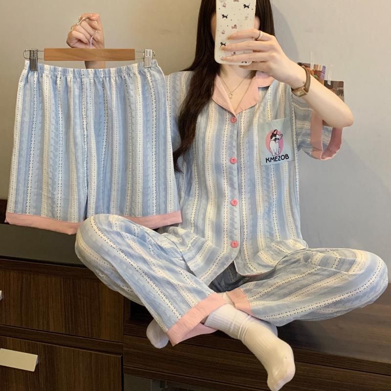 Cute Girl Love Leopard Print Short-Sleeved Pajamas Women'S Summer Cloud Cotton Three-Piece Loungewear