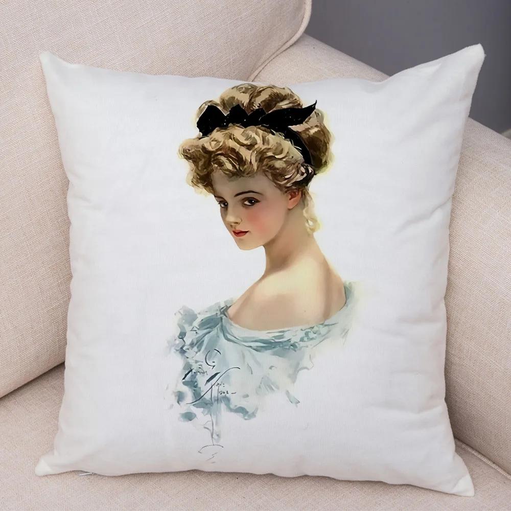 European Lady Cushion Cover Decor Vintage Style Elegant Women Print Pillowcase for Sofa Home Car Soft Plush Pillow Case 45x45cm