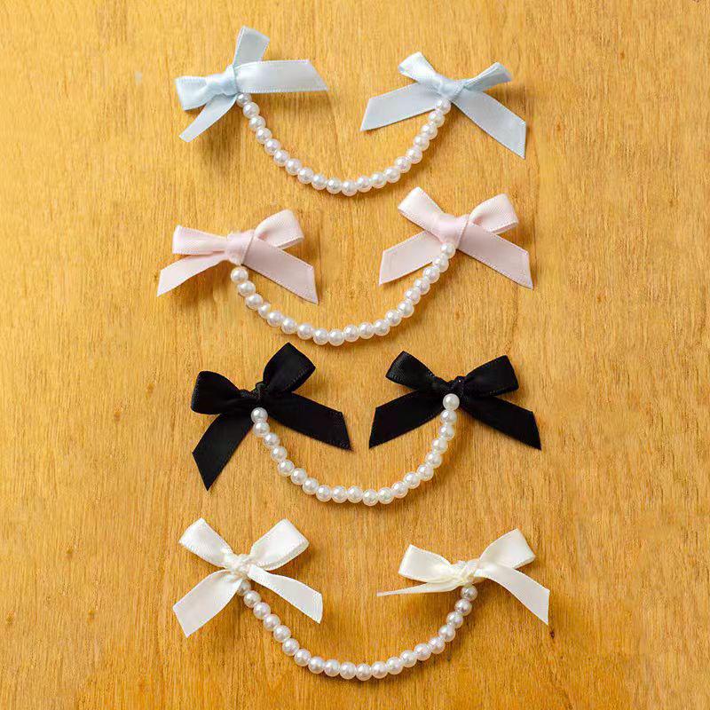 2Pcs Bows Pearl Chain Patch Accessories long streamers Ribbon DIY Lolita Dresses Clothing Accessories