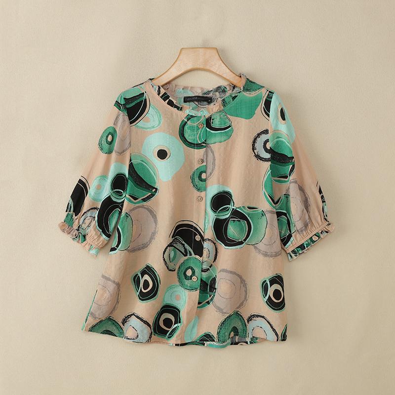 

ZANZEA Женская повседневная блузка с круглым вырезом, рукавом до локтя, свободного кроя, с принтом L зелёный