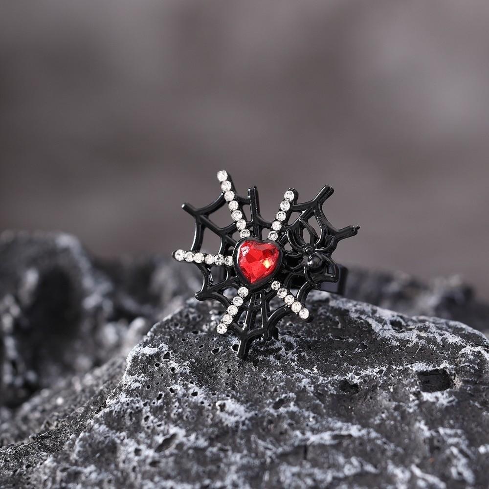 Dark Fashion Gothic Bat Ring Shiny Rhinestone Halloween Opening Ring Spider Web Heart Ring  Gift