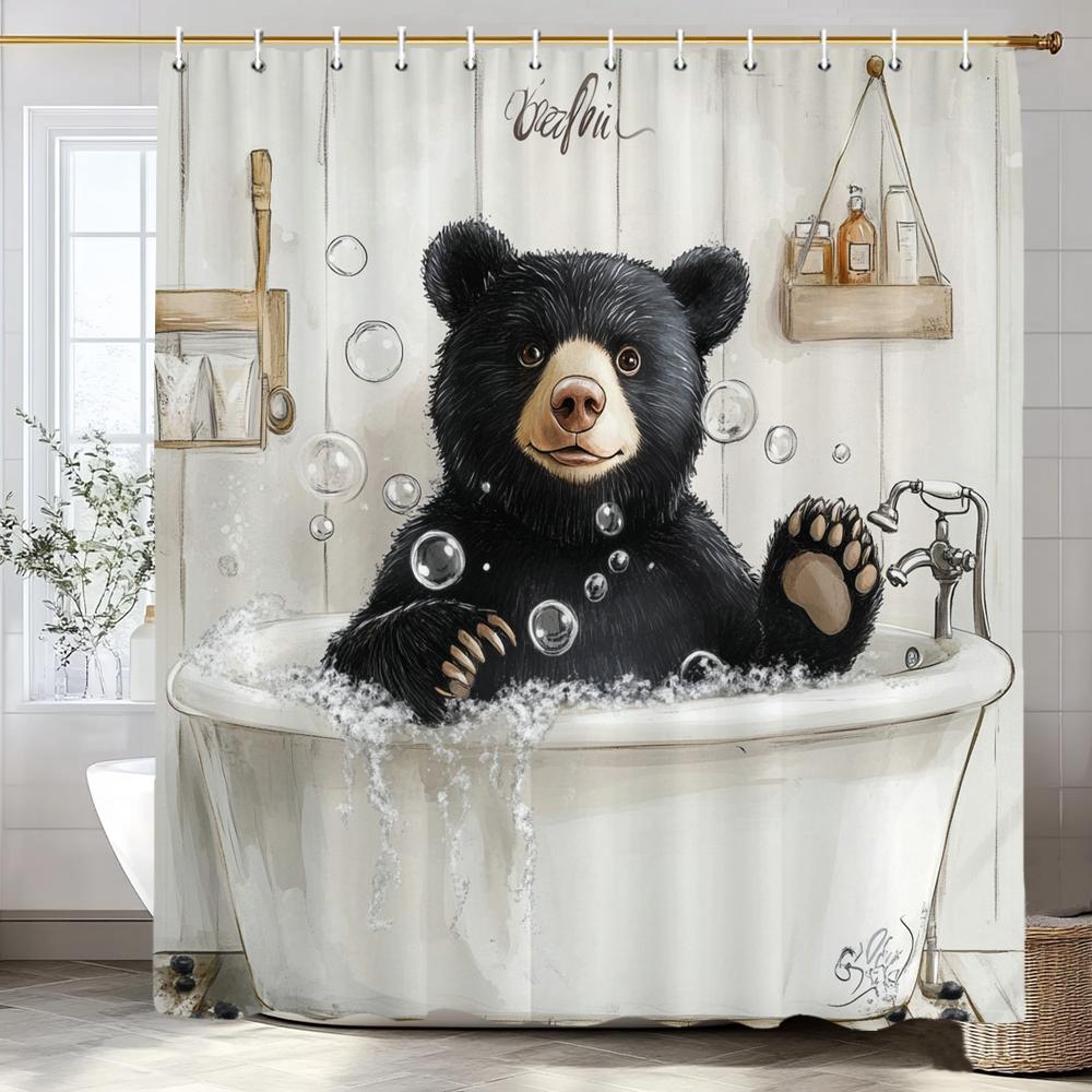 Cute Black Bear Bathing in the Bathtub Shower Curtain, Bathroom Decorative Shower Curtain, Waterproof Shower Curtain with Hooks