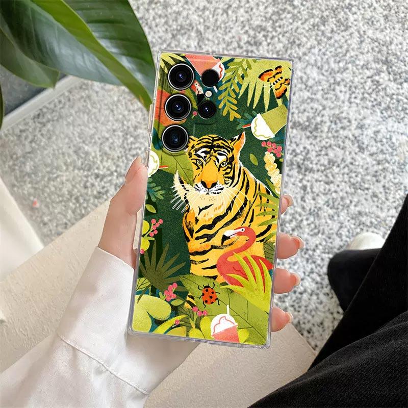 Tropical Jungle Print Leopard Sloth Rainforest Cat Phone Case For Samsung Galaxy S24 S23 Ultra S22 S20 Plus S21 FE Clear Fundas