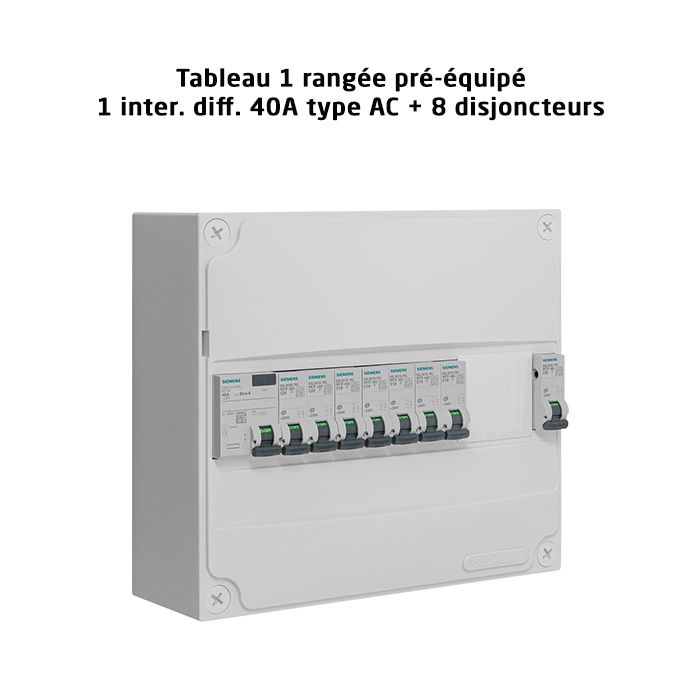 Tableau 1 rangée pré-équipé 1 inter. Diff. 40A type AC + 8 disjoncteurs