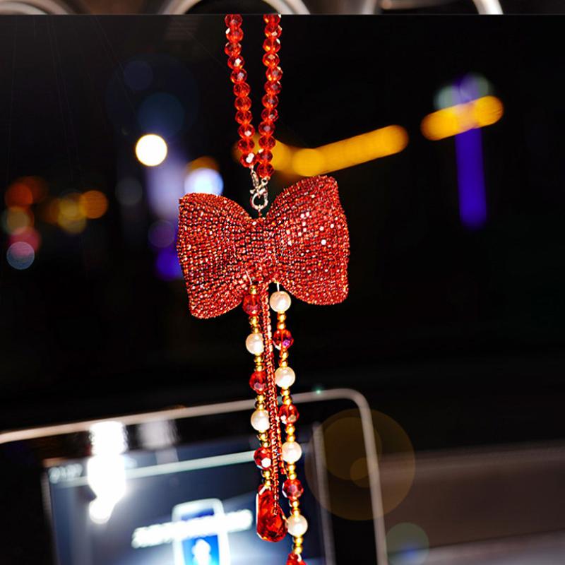 Bowknot Car Pendant Cute Tassels Chain Rearview Mirror Ornament Pearl Car Accessories