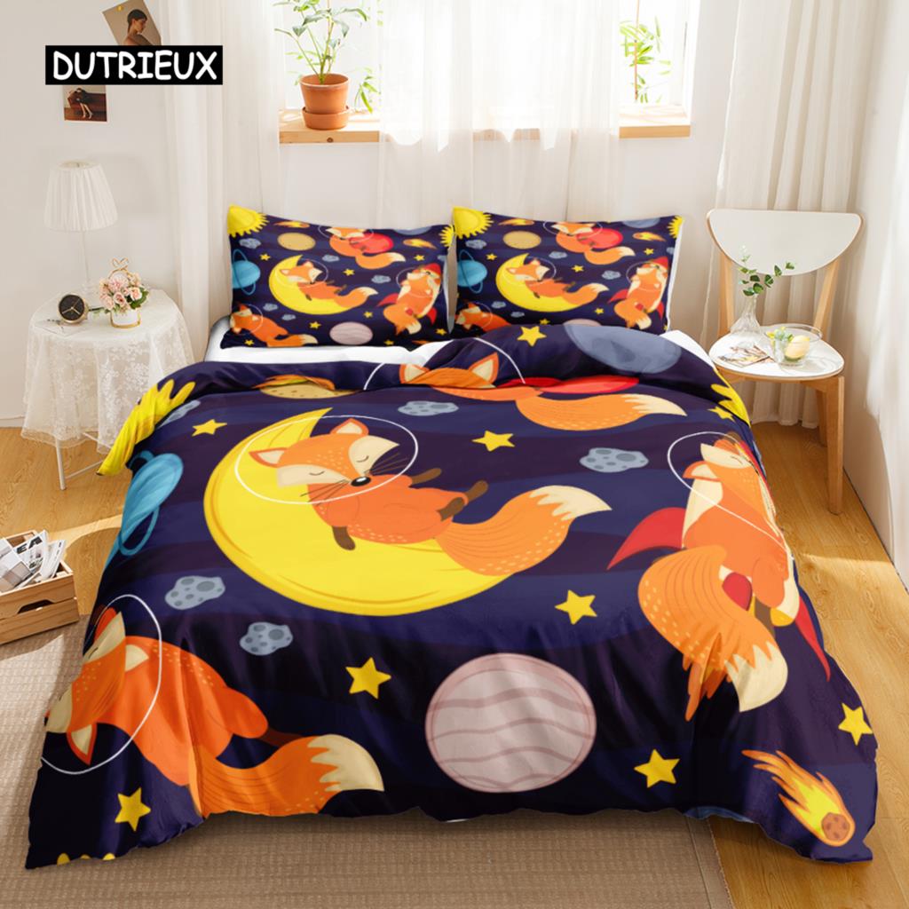 Fox Duvet Cover Set Kids Cartoon Fox Comforter Cover Cute Orange Wildlife Duvet Cover for Boys Animal Twin Polyester Bedding Set