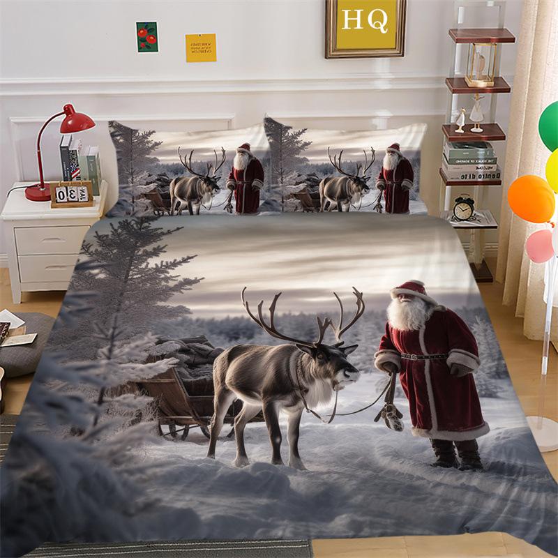 Christmas Snow Scene 3D Printed Polyester Pillowcase Quilt Cover Two Or Three Piece Set