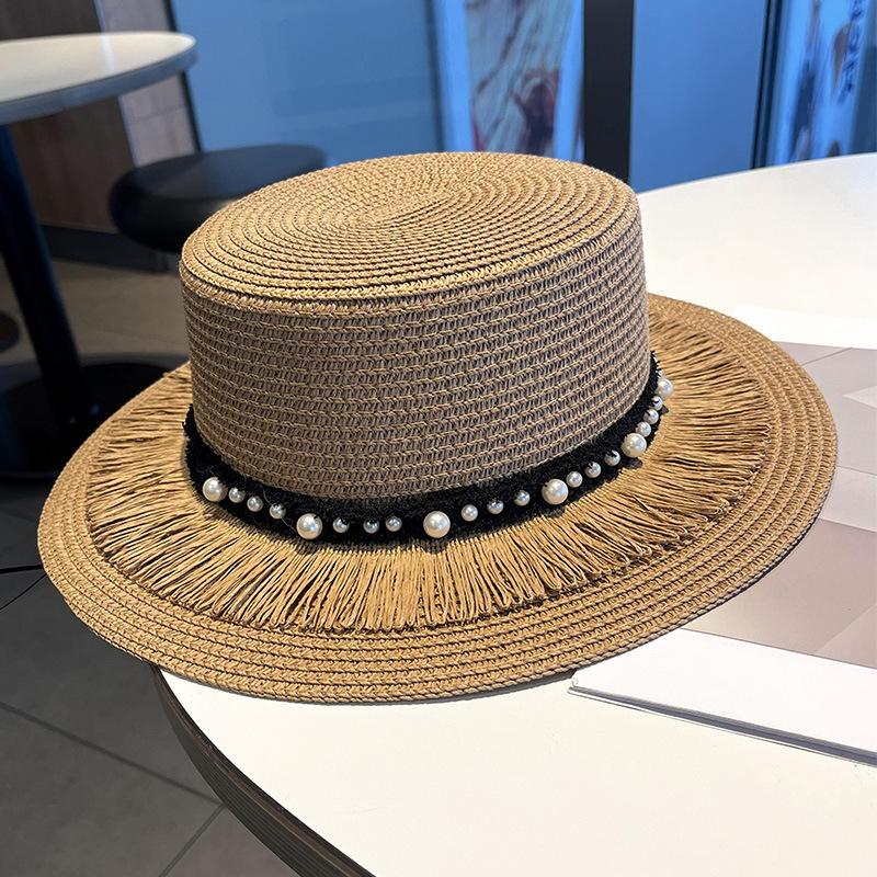 Spring and summer women's new outdoor sun hat big brim pearl flat top straw hat beach vacation sun protection straw hat