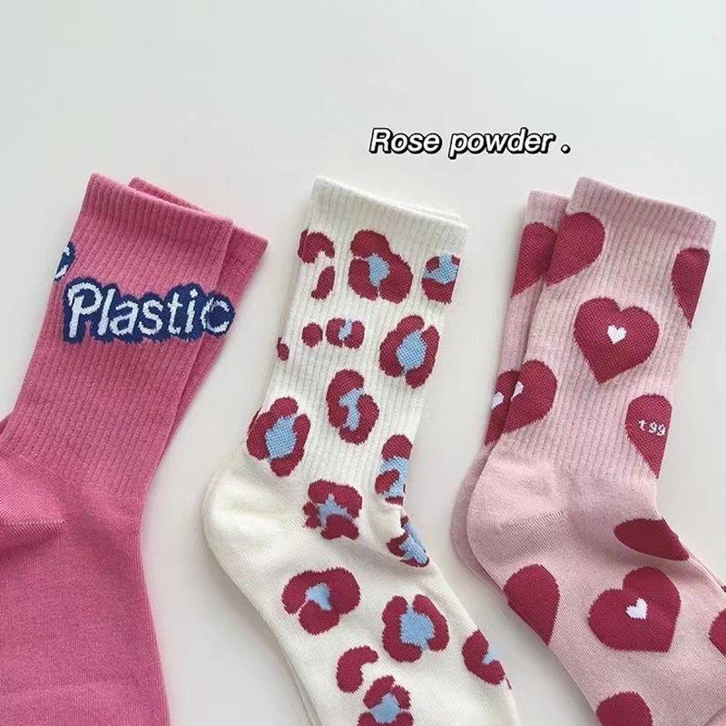 Female Spring and Autumn Trend Contracted Love Letter Lovely Flower Pink Tube Socks