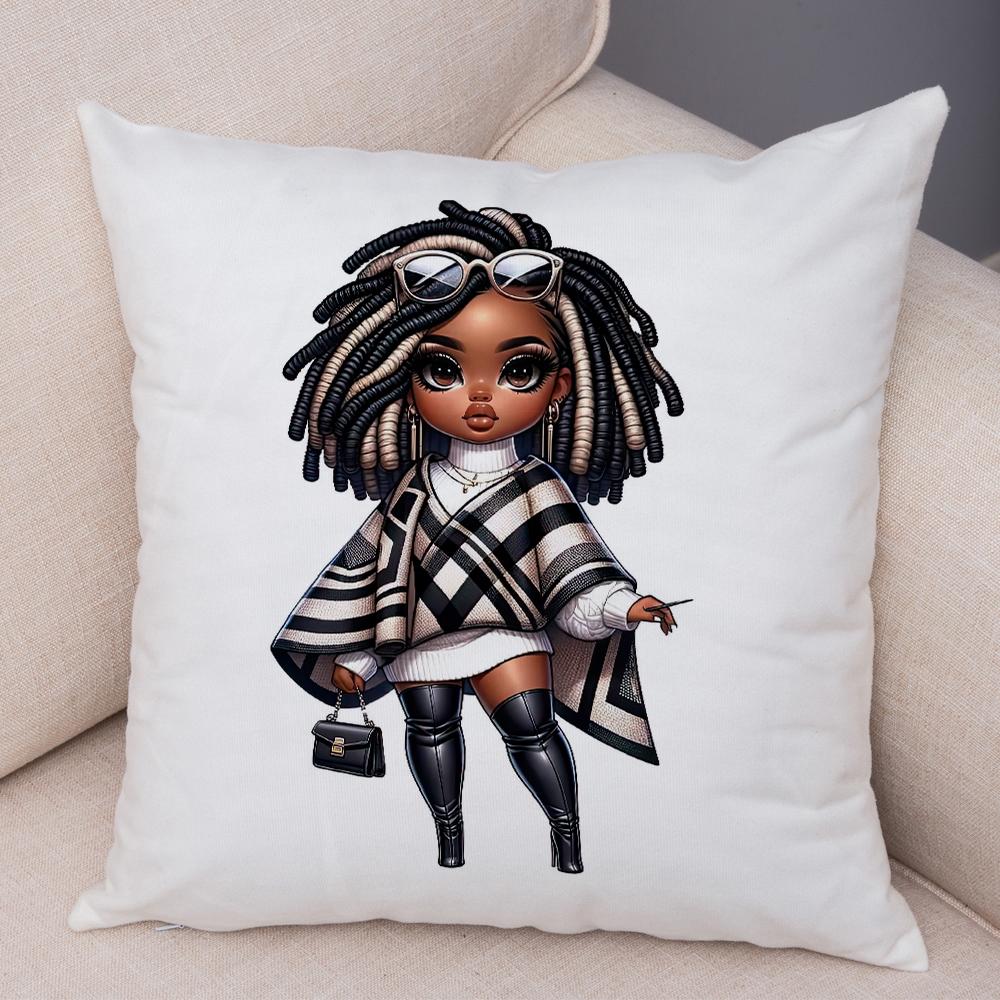 Fashion Cartoon African Girl Pillow Case Soft Plush Cushion Cover for Sofa Home Decor Cute Black Women Throw Pillowcase