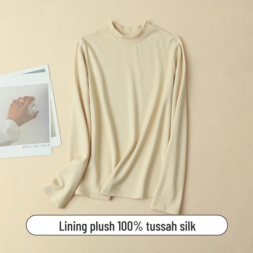 Damen Langarm-Basisshirt aus 250g Maulbeerseide mit gebürstetem Fleece und kleinem Stehkragen für den Herbst