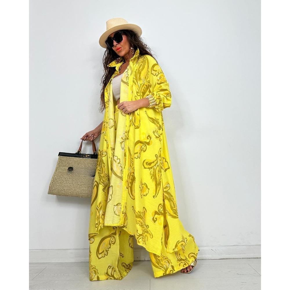 Autumn New Women's Lapel Printed Mid-length Top and Wide-leg Pants Two-piece Set