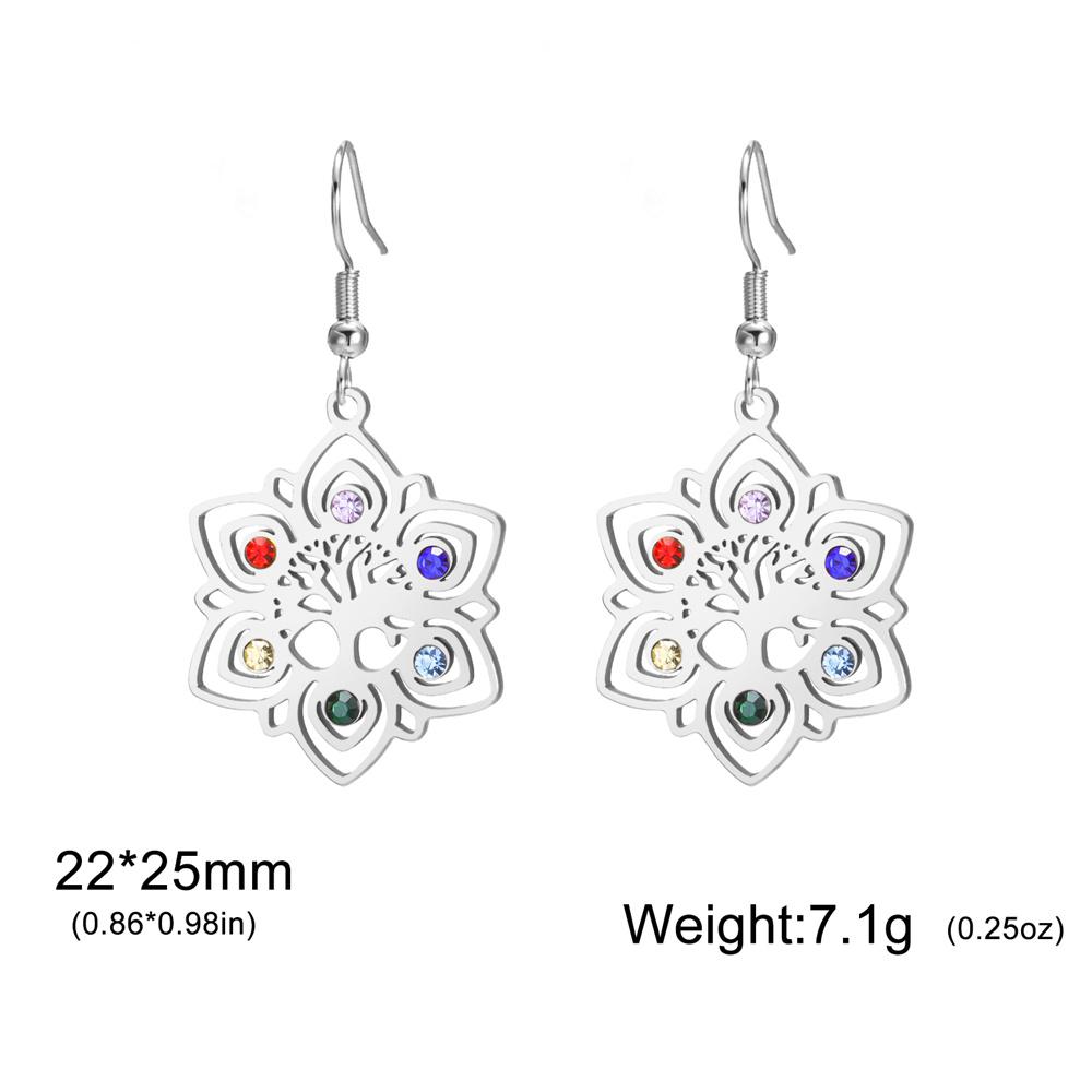 Chakra Lotus Mandala Earrings Tree of Life Colorful Zircon Stainless Steel Dangle Earrings Spiritual Jewelry Yoga Meditation