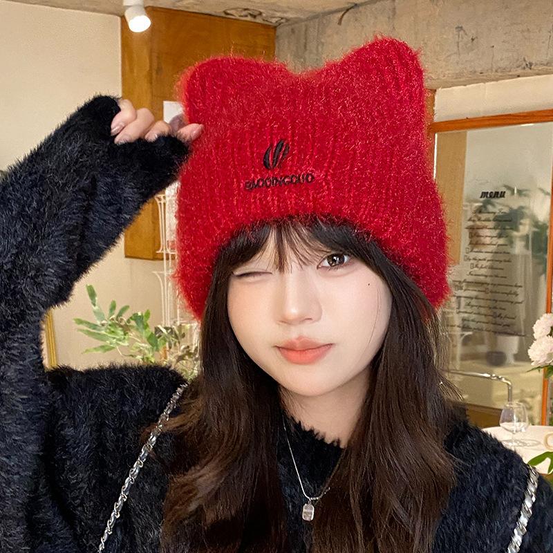 Japanese Cute Woolen Hat for Women in Autumn and Winter Fashion Versatile Ear Protection Pullover Hat Big Head Circumference Cat Ear Knitted Hat