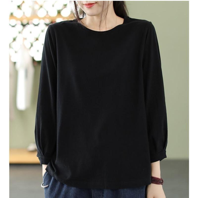 Bomulls T-shirt med nioärm för dam, vår och höst, koreansk stil, enfärgad, lös, plus size, rundhalsad topp