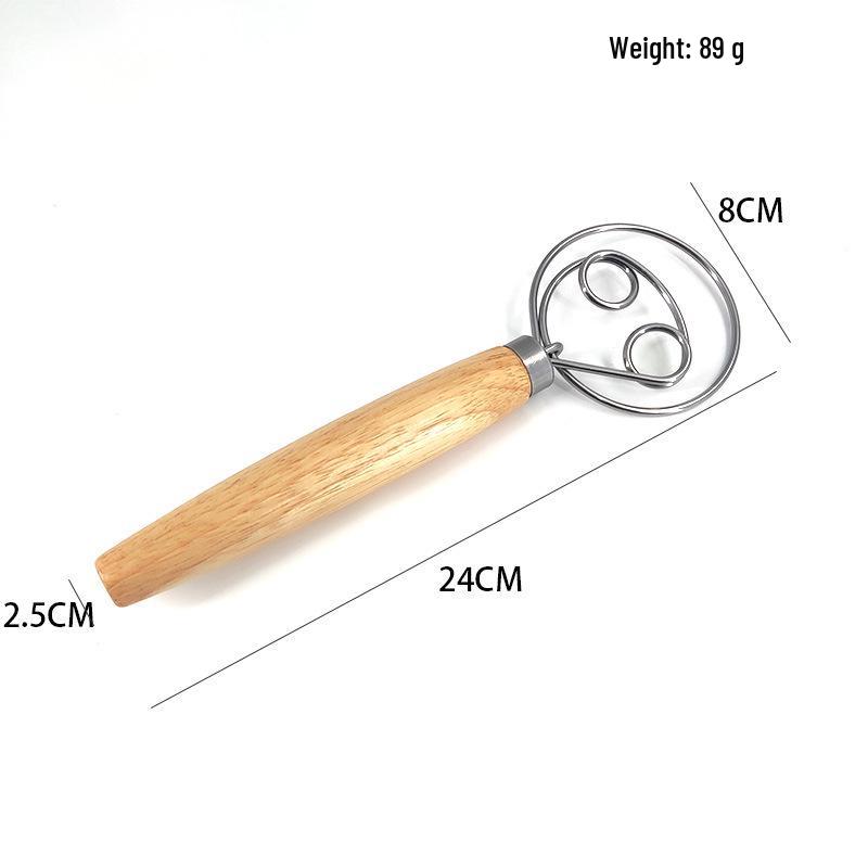 Danish Wooden-Handled Single Coil Dough Mixer: Manual Handheld Baking Tool for Flour Blending
