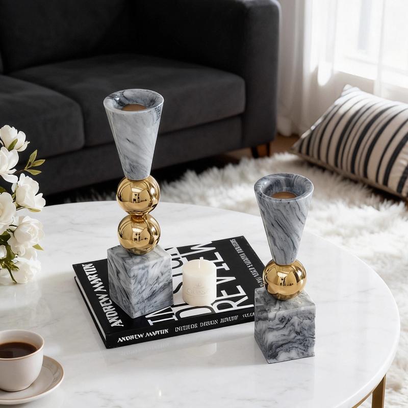 Marble Candlestick Candle Holder Geometric Golden Sphere Marble Ornaments Centerpieces Candle Stick Holder Home Decoration