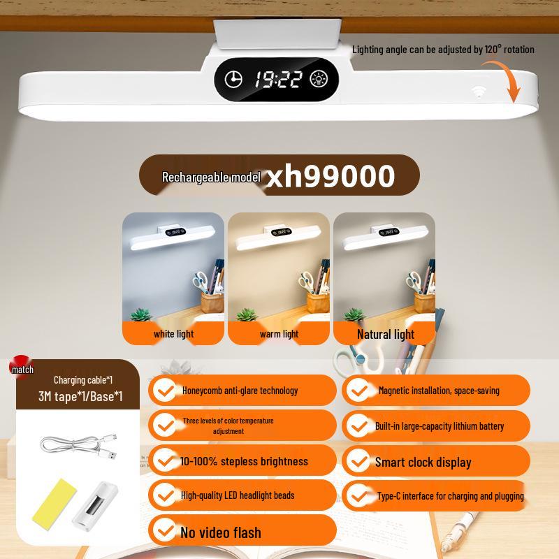 LED Eye Protection Desk Lamp with Clock - Student Study, Bedroom, Dormitory, Bedside Night Light