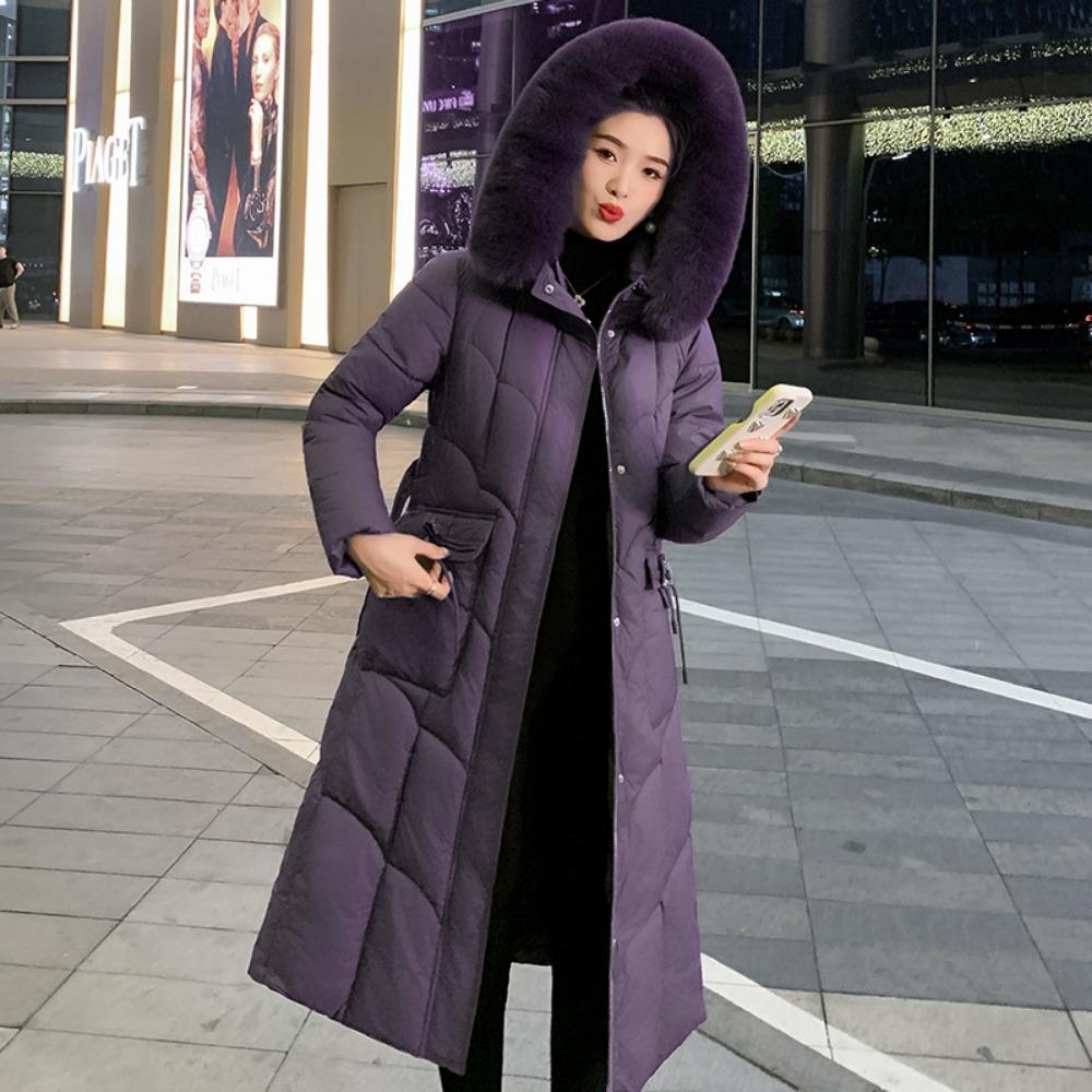 

Женская длинная хлопковая одежда выше колена однотонного цвета, новая осенне-зимняя корейская версия, приталенная, модная, с большим меховым воротником, хлопковая одежда XXXL фиолетовый