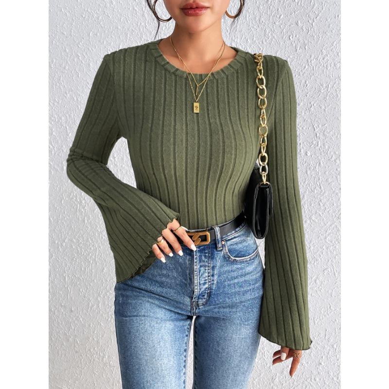 Women S Solid Slim Fit Sweater Round Neck Flared Sleeve Autumn Casual