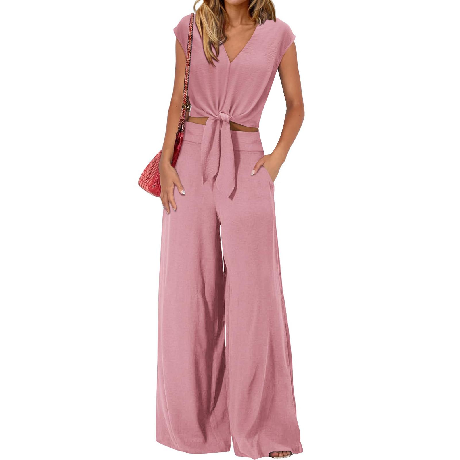 

Женский летний костюм из 2 предметов, укороченный топ с короткими рукавами и v-образным вырезом на шнуровке, широкие брюки, повседневная спортивная одежда M розовый